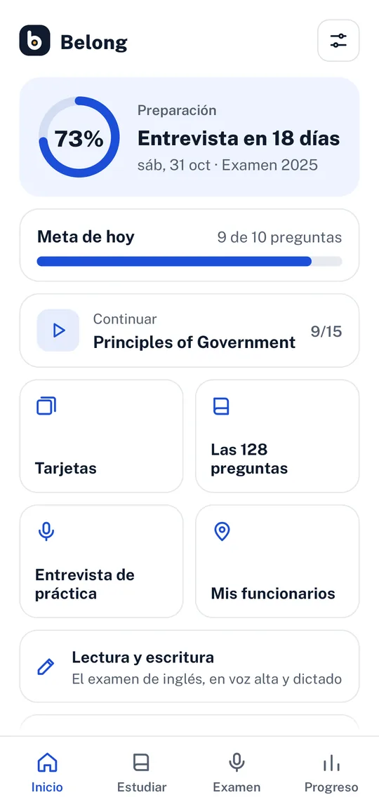 La pantalla de inicio de Belong en español
