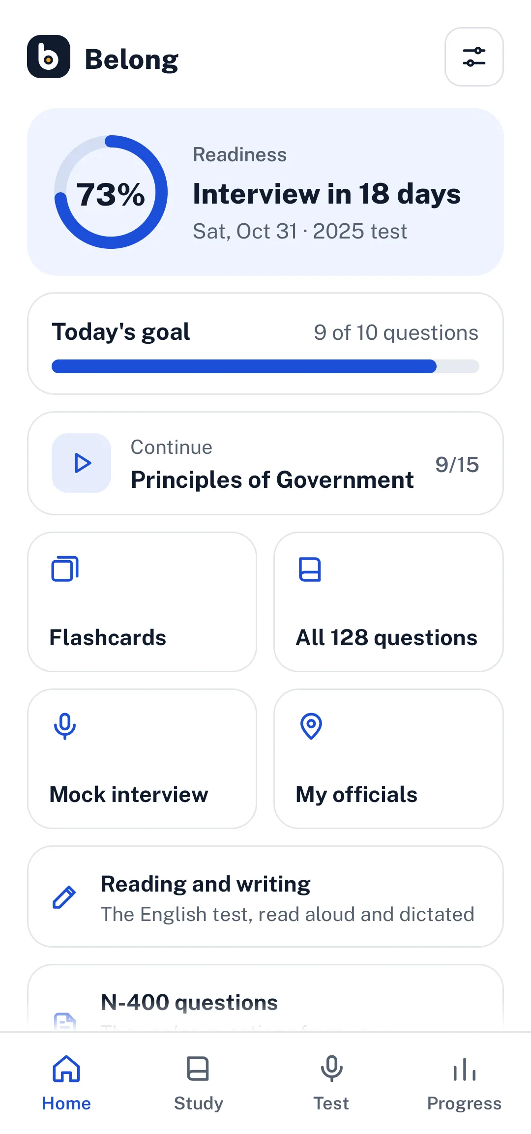 Belong's Home screen: readiness 73%, interview in 18 days, today's goal, and the study tools