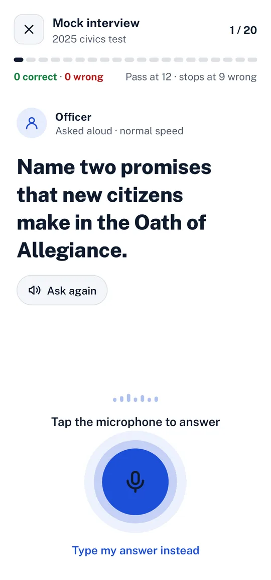 Belong's mock interview: the officer asks a question aloud, with a microphone button to answer