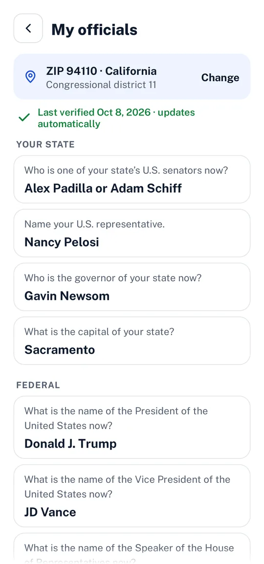 Belong's My officials screen for a California ZIP code, with senators, representative, governor and capital