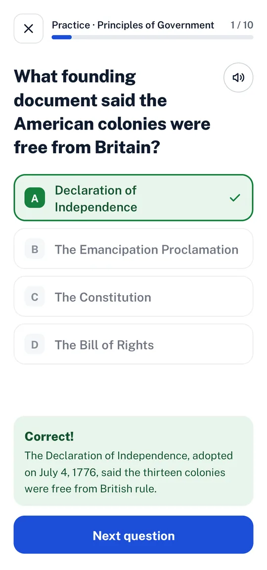 A Belong practice quiz: four choices, the right one marked, with feedback