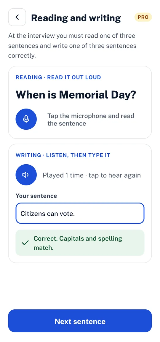 Belong's reading and writing practice screen