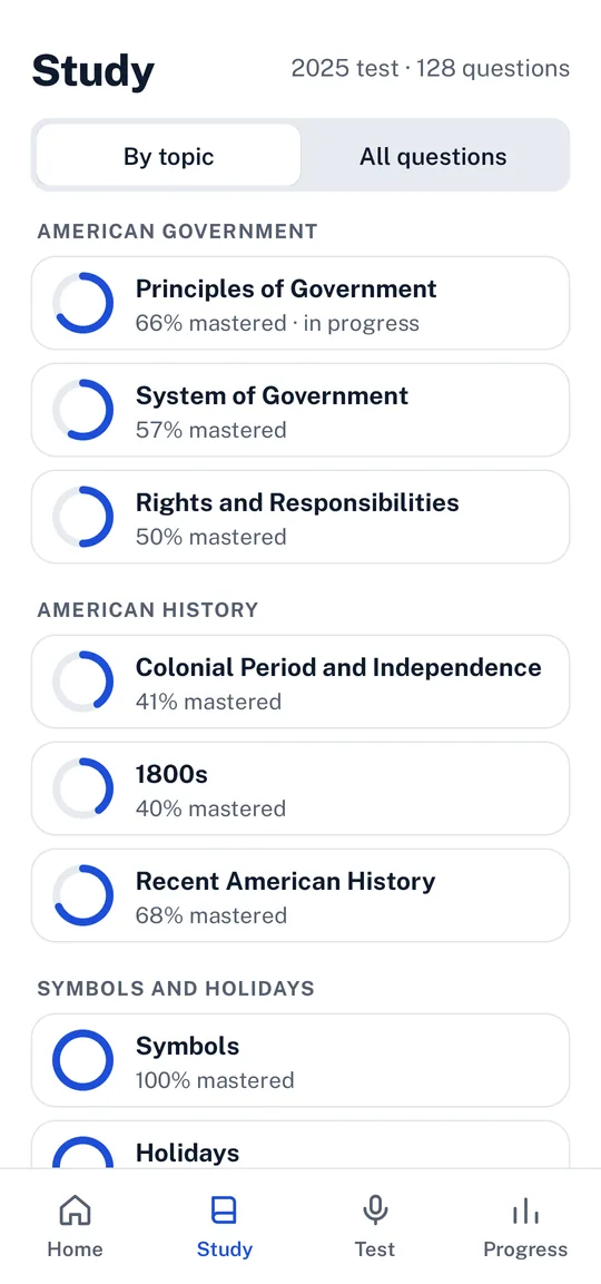 Belong's Study screen listing every topic with how much of it you have mastered